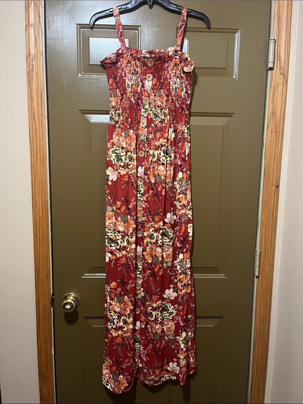 Angie Red Floral Smocked Top with Pink and Orange Accents